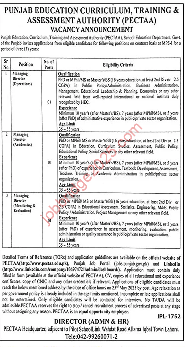 Punjab Education Curriculum Training & Assessment Authority PECTAA Jobs 2025
