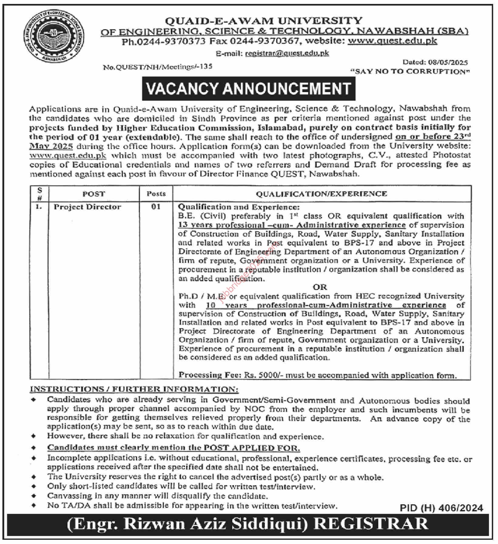 Quaid-e-Awam University (QUEST) Nawabshah Jobs 2025
