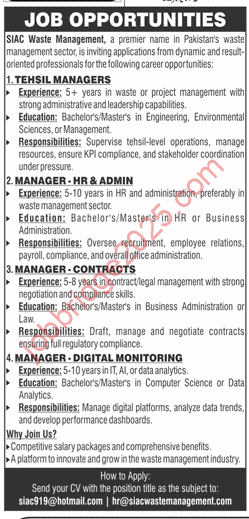 SIAC Waste Management New Jobs 2025 Online Apply
