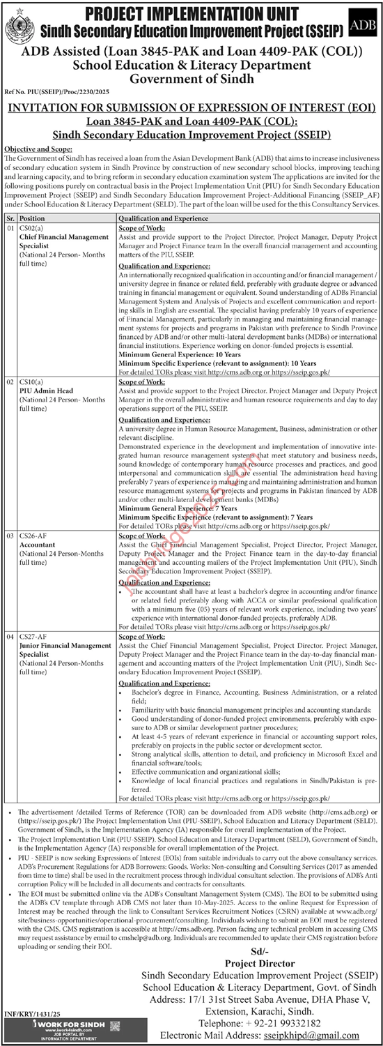 School Education and Literacy Department Sindh Jobs 2025