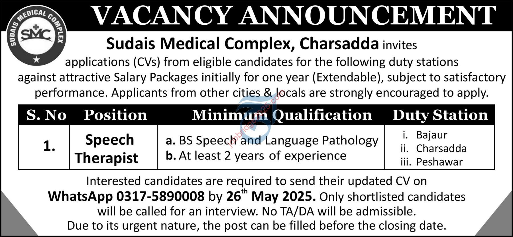 Sudais Medical Complex Charsadda Jobs 2025