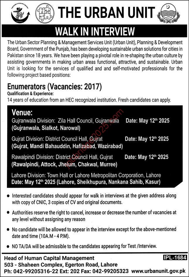The Urban Unit Jobs 2025 At Gujranwala, Sialkot, Narowal, Gujrat, Mandi Bahauddin, Hafizabad, Wazirabad, Rawalpindi, Attock, Jhelum Chakwal, Murree, Lahore, Sheikhupra, Nankana Sahib, Kasur