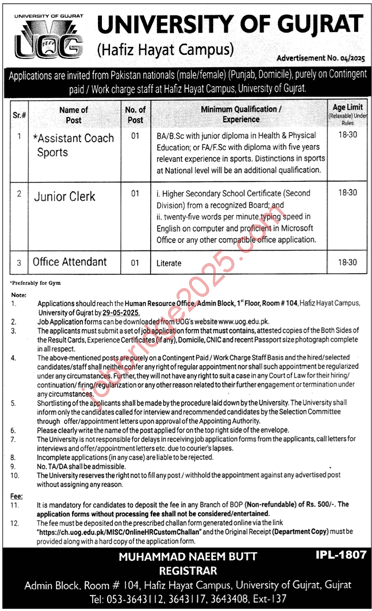 University of Gujrat Jobs 2025 Latest UOG Job