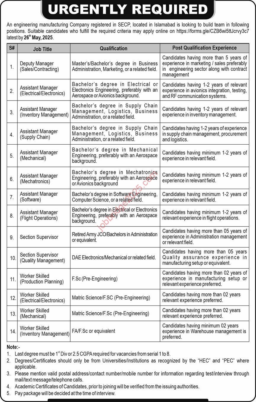 Urgently Required Engineering Manufacturing Company Islamabad Jobs 2025