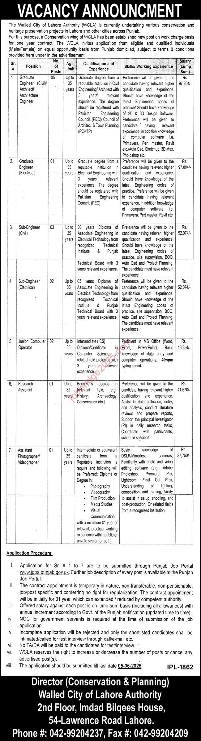 Walled City of Lahore Authority WCLA Jobs 2025 Latest