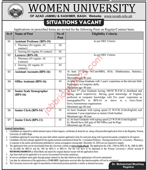 Women University of Azad Jammu & Kashmir Bagh New Jobs 2025