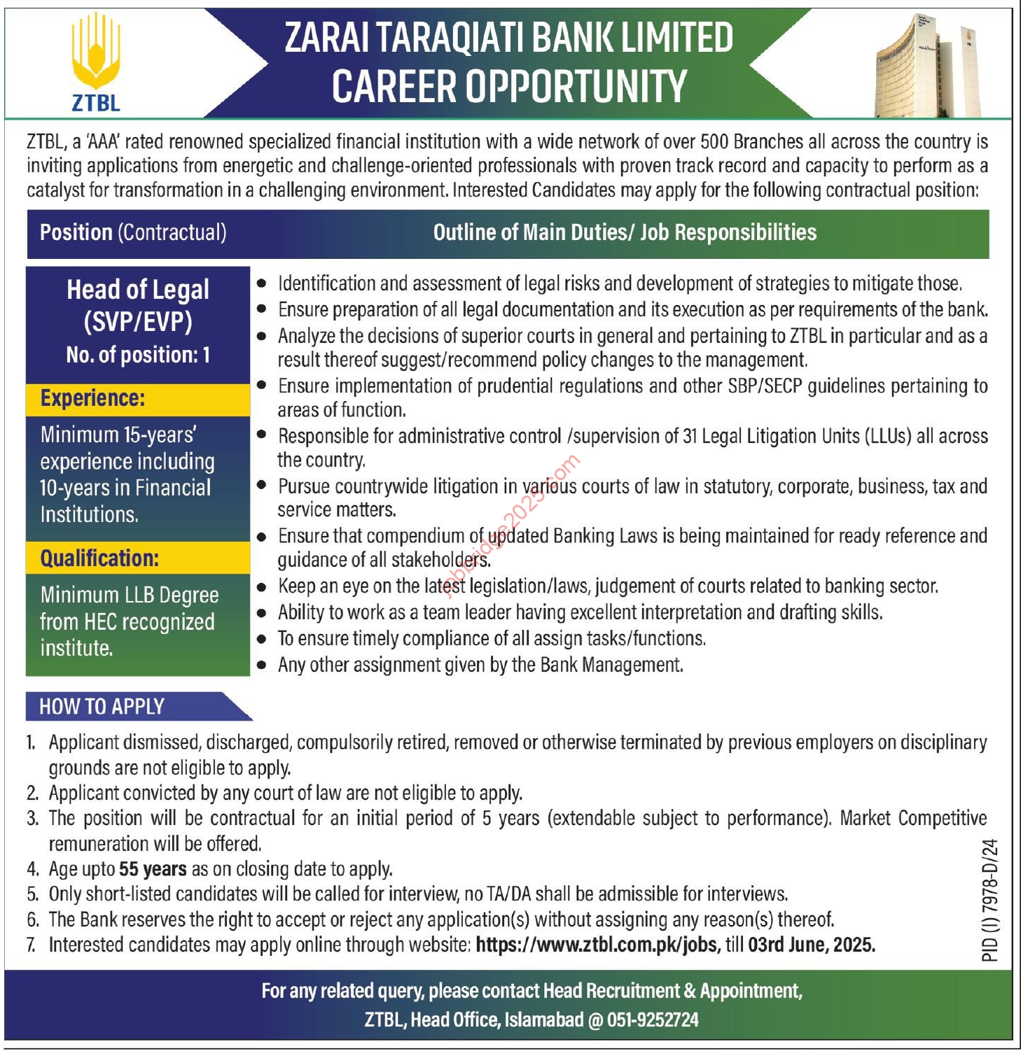Zari Taraqiati Bank Limited ZTBL Jobs 2025 Latest